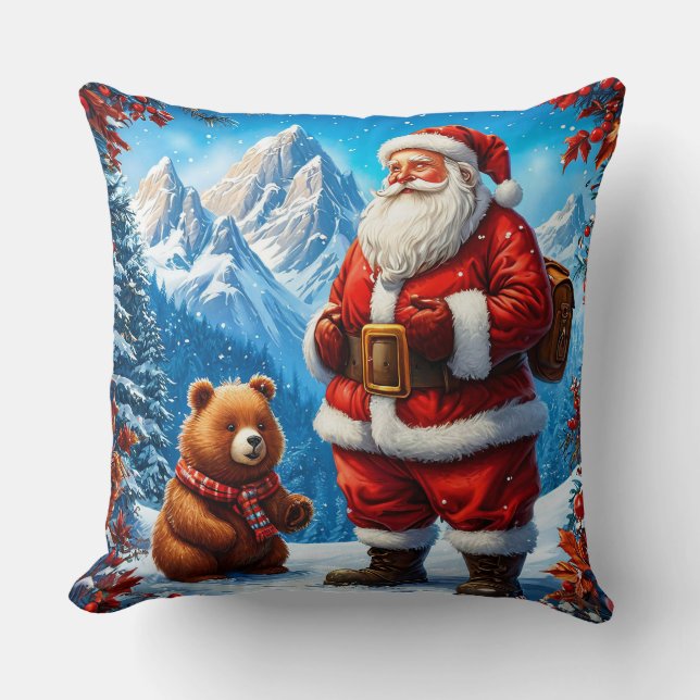 Santa Claus Meets Friendly Bear in Snowy Mountain Cushion (Front)
