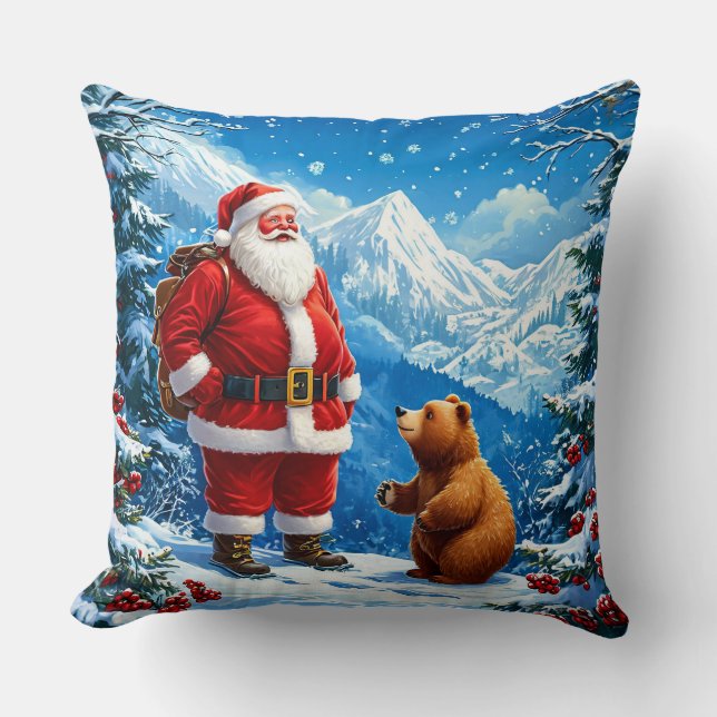Santa Claus Meets Friendly Bear in Snowy Mountain Cushion (Front)