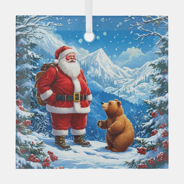 Santa Claus Meets Friendly Bear in Snowy Mountain Glass Tree Decoration (Front)