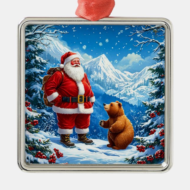 Santa Claus Meets Friendly Bear in Snowy Mountain Metal Ornament (Front)