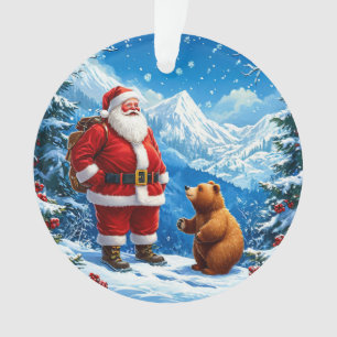 Santa Claus Meets Friendly Bear in Snowy Mountain Ornament