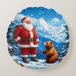 Santa Claus Meets Friendly Bear in Snowy Mountain Round Cushion