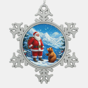 Santa Claus Meets Friendly Bear in Snowy Mountain Snowflake Pewter Christmas Ornament