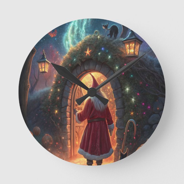 Santa Claus Meets the Halloween Spirits Round Clock (Front)