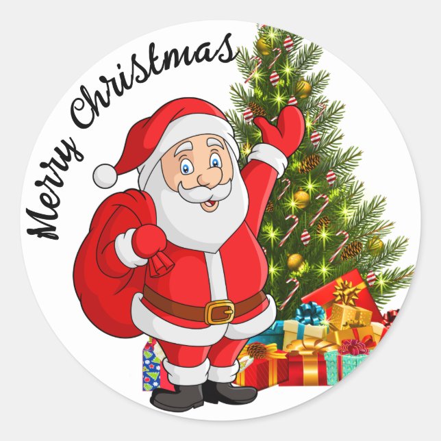 Santa Claus Merry Christmas Tree & Gifts Classic Round Sticker (Front)