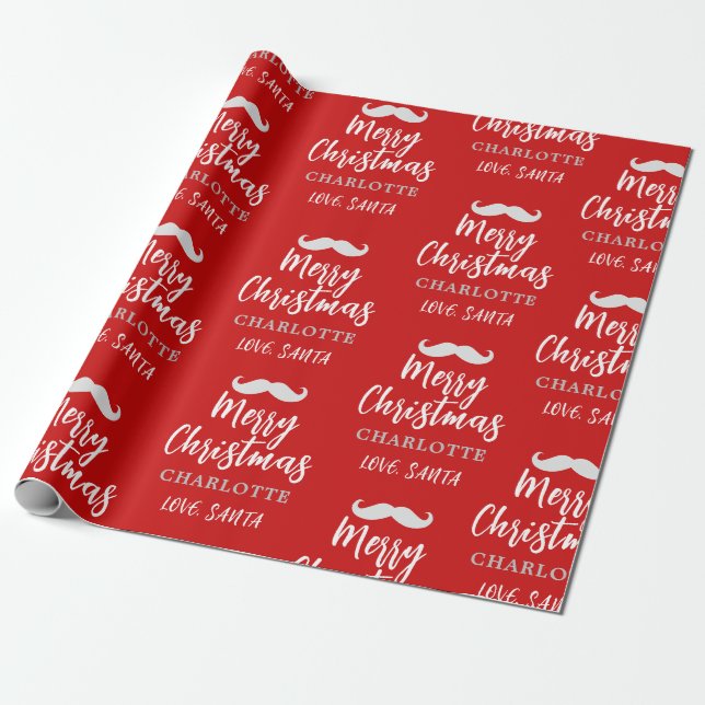 Santa Claus Moustache Personalised Red Christmas Wrapping Paper (Unrolled)
