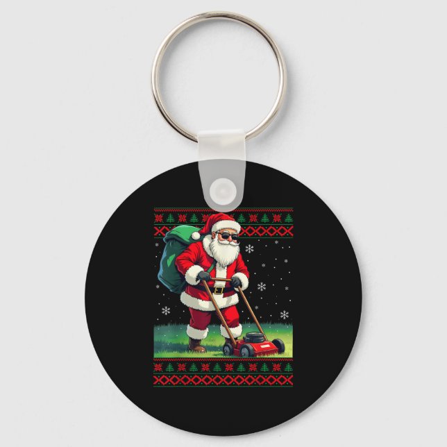 Santa Claus Mowing Lawn Ugly Christmas Holiday Boy Key Ring (Front)