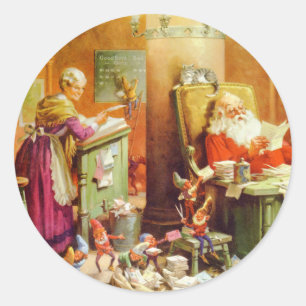 Santa Claus & Mrs Claus in the North Pole Mailroom Classic Round Sticker