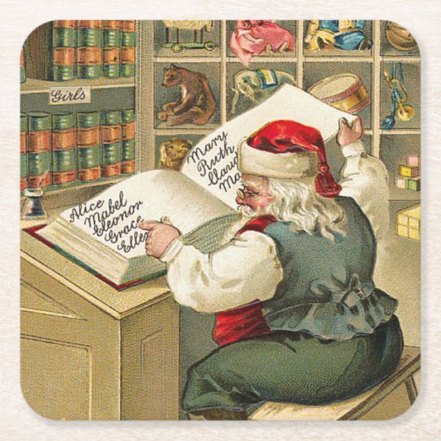 Santa Claus Naughty Nice List Christmas Square Paper Coaster (Front)