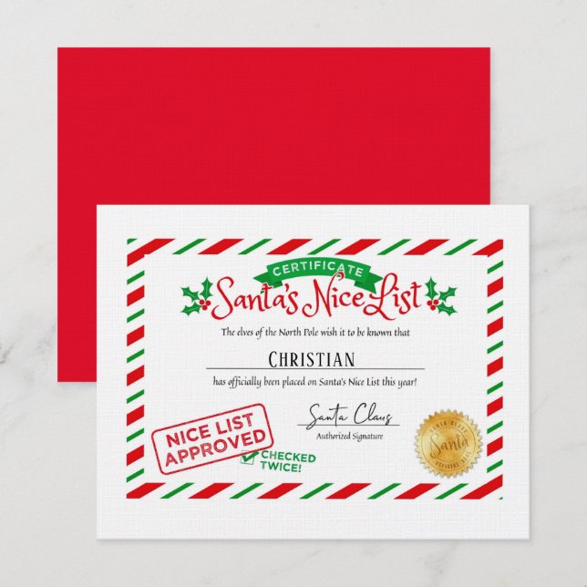Santa Claus Nice List Certificate Custom Card (Front/Back)