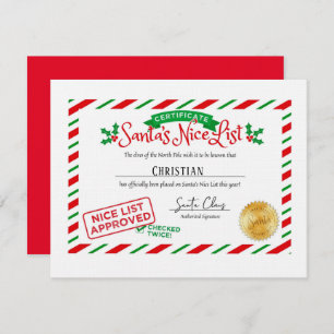 Santa Claus Nice List Certificate Custom Card