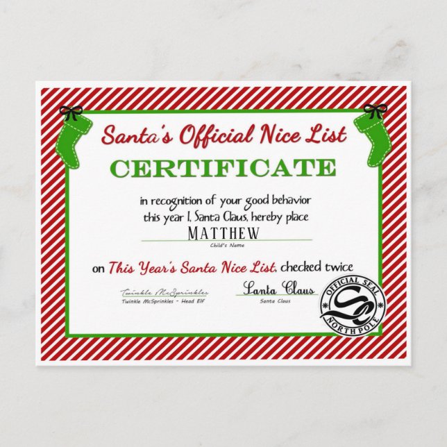 Santa Claus Nice List Certificate Custom Postcard (Front)