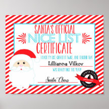 Santa Claus Nice List Personalized Certificate