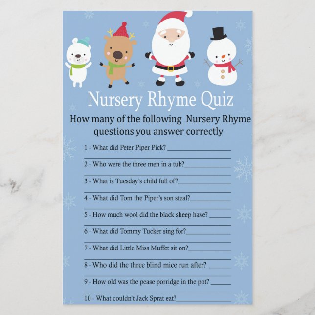 Santa Claus Nursery Rhyme Quiz baby shower game (Front)