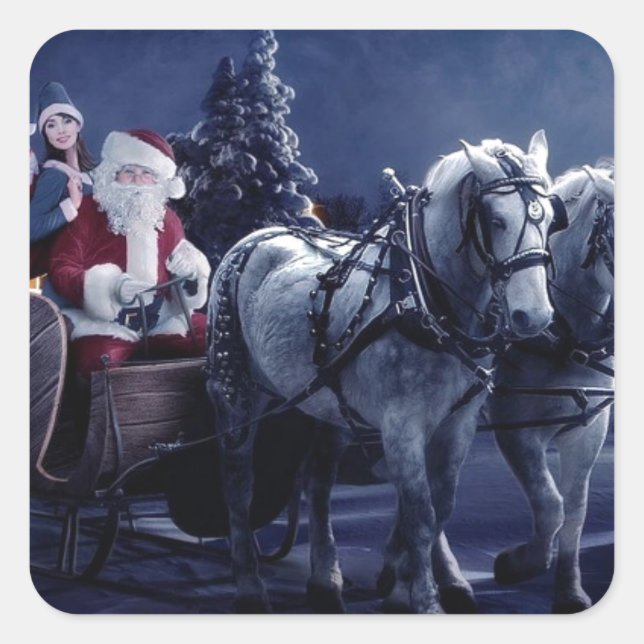 Santa Claus On A Horse Driven Sleigh Square Sticker (Front)