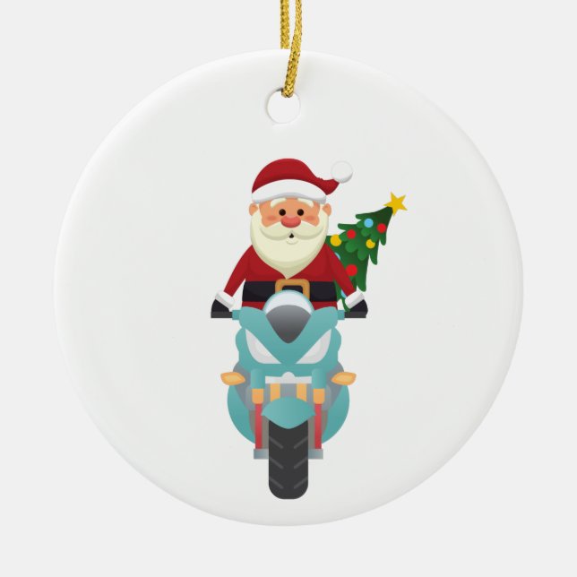 Santa claus on a motorbike ceramic ornament (Front)