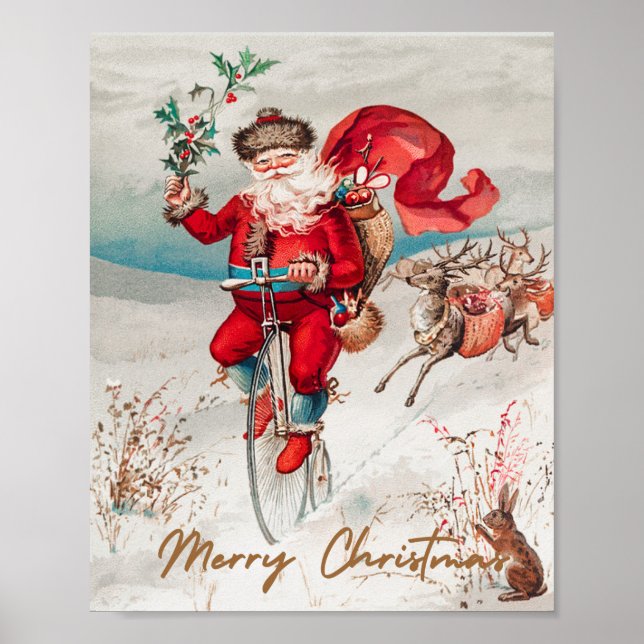 Santa Claus on a penny farthing with reindeer   Poster (Front)