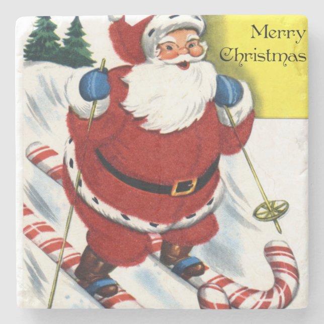 Santa Claus on Candy Cane Skis Christmas Stone Coaster (Front)
