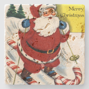 Santa Claus on Candy Cane Skis Christmas Stone Coaster