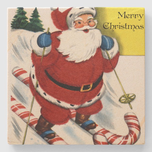Santa Claus on Candy Cane Skis Christmas Stone Coaster (Front)