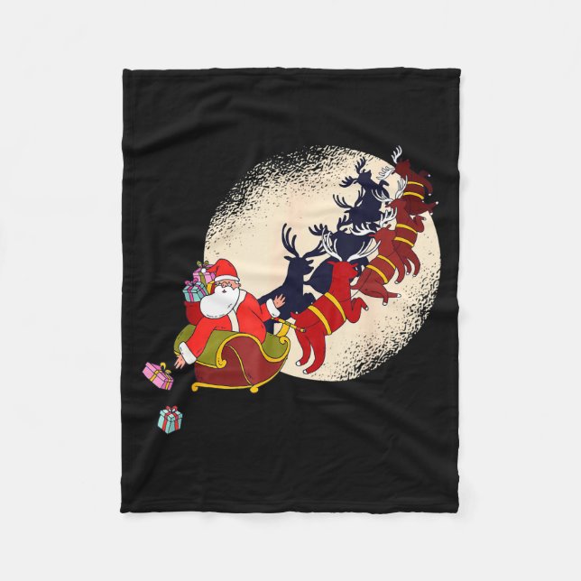 Santa Claus On Christmas Sleigh Pulled By Reindeer Fleece Blanket (Front)