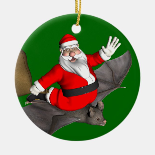 Santa Claus On Flying Bat Ceramic Ornament (Front)