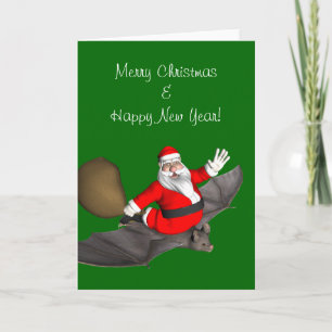 Santa Claus On Flying Bat Holiday Card