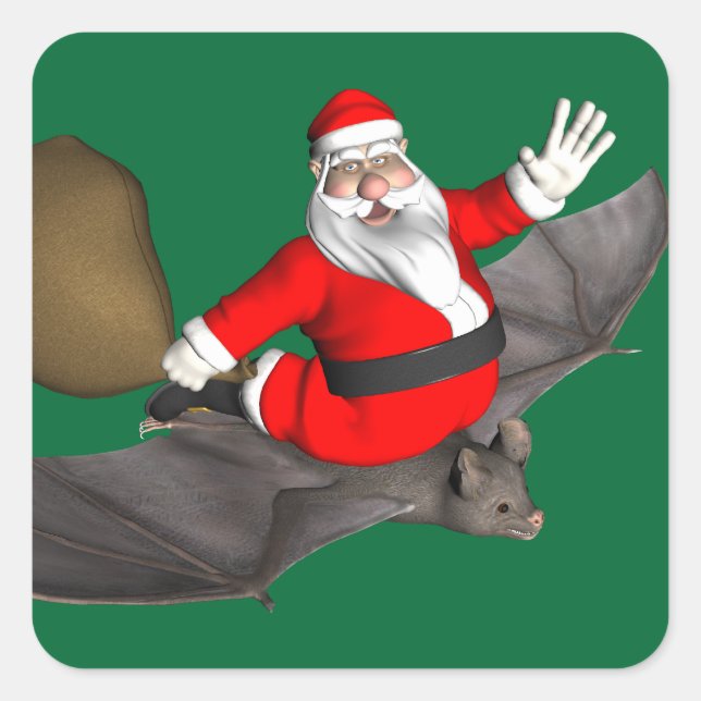 Santa Claus On Flying Bat Square Sticker (Front)