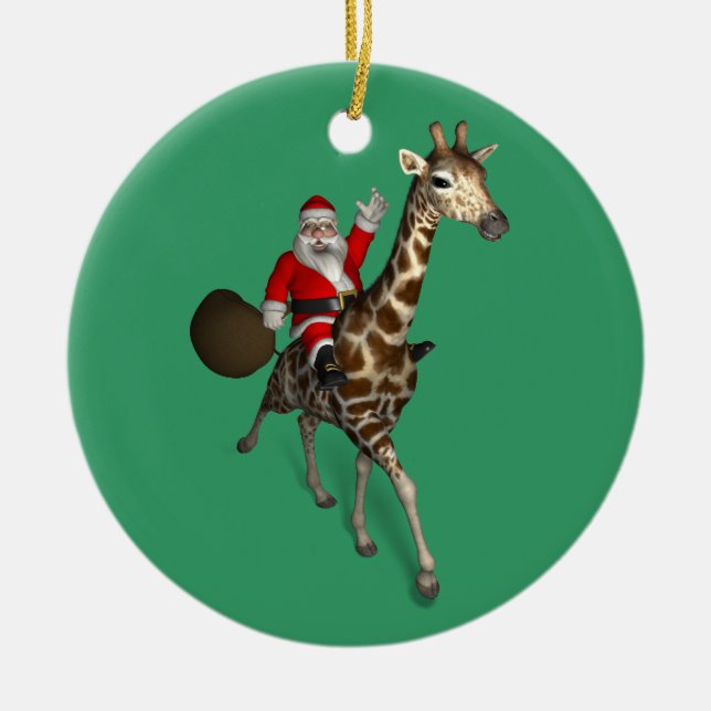 Santa Claus On Giraffe Ceramic Tree Decoration (Front)