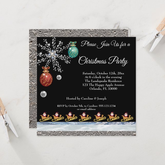 Santa Claus on gold, silver & icy snow & Foil Invitation (Front/Back In Situ)