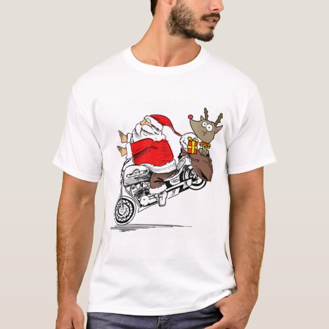 Santa Claus on Motorcycle Rudolph the Reindeer  T-Shirt (Front)