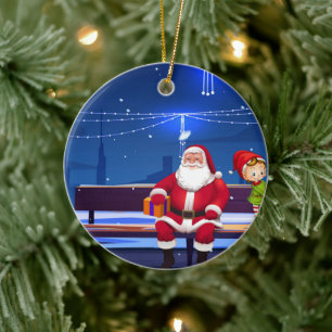 Santa Claus on Park bench Ceramic Ornament