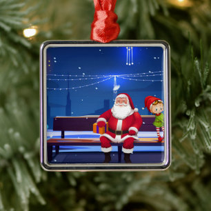 Santa Claus on Park bench Metal Ornament