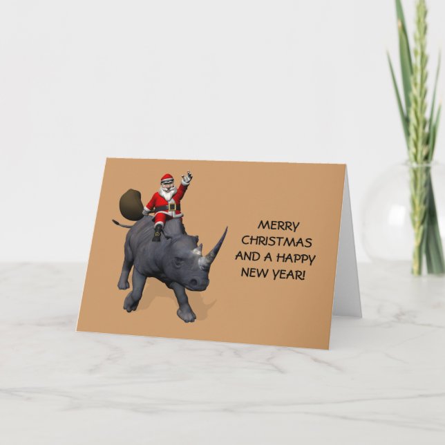 Santa Claus On Rhino Rhinoceros Holiday Card (Front)