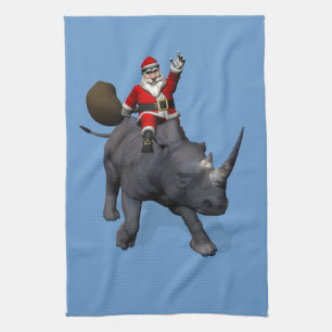Santa Claus On Rhino Rhinoceros Tea Towel