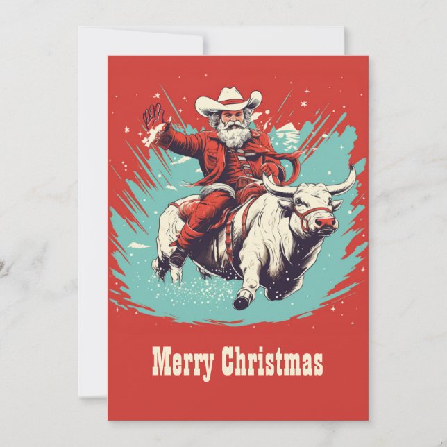 Santa Claus on Rodeo Bull riding Holiday Card (Front)