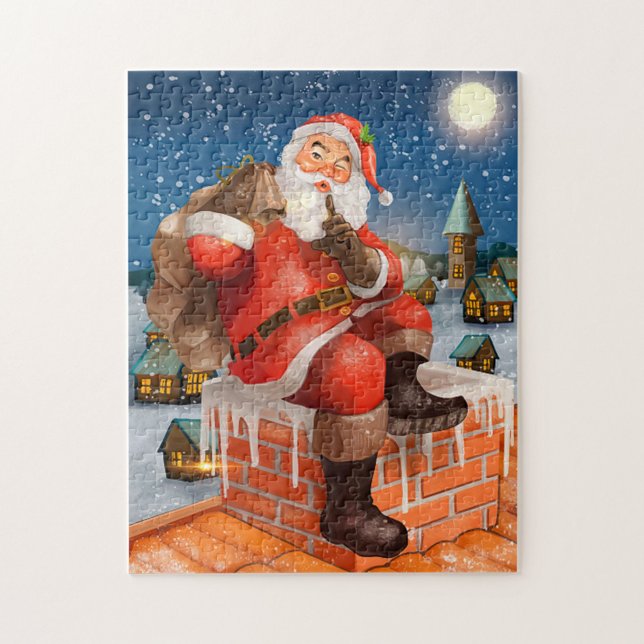 Santa Claus On Rooftop Jigsaw Puzzle (A cheerful Santa Claus sitting on a snowy rooftop, with a playful finger to his lips!)