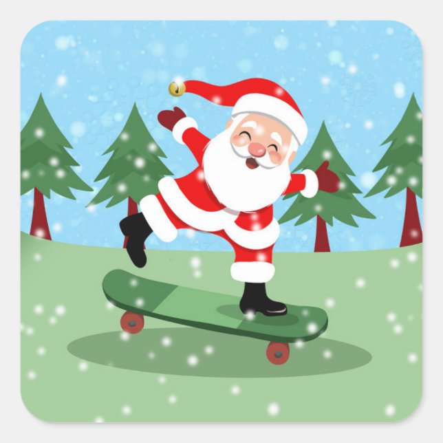Santa claus on skateboard square sticker (Front)