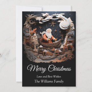 Santa Claus on Sleigh in Sky 3D Merry Christmas Holiday Card