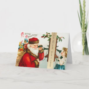 Santa Claus on string phones listening to Child Holiday Card