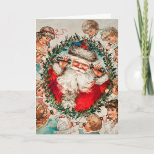 Santa Claus on string phones listening to children Holiday Card