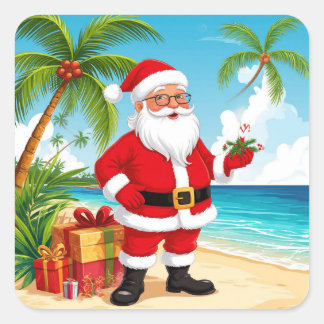 Santa Claus On Sunny Beach With Christmas Gifts Square Sticker
