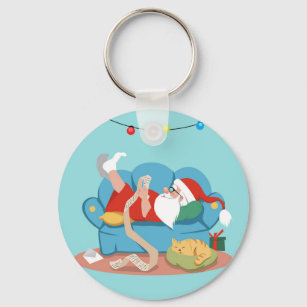 Santa Claus on the couch in pyjamas Key Ring