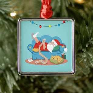 Santa Claus on the couch in pyjamas Metal Ornament