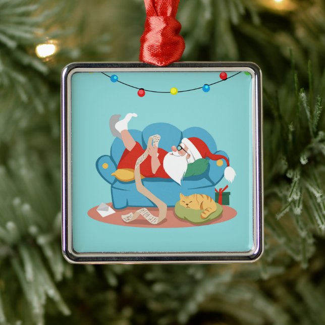 Santa Claus on the couch in pyjamas Metal Ornament (Tree)