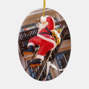 Santa Claus on the Fire Escape Ceramic Ornament
