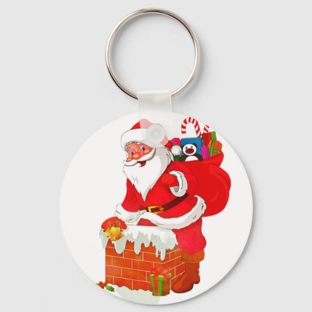 Santa Claus on the roof cartoon Key Ring (Front)