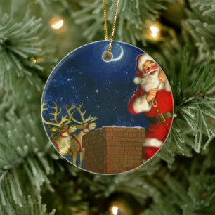 Santa Claus on the roof Ceramic Ornament