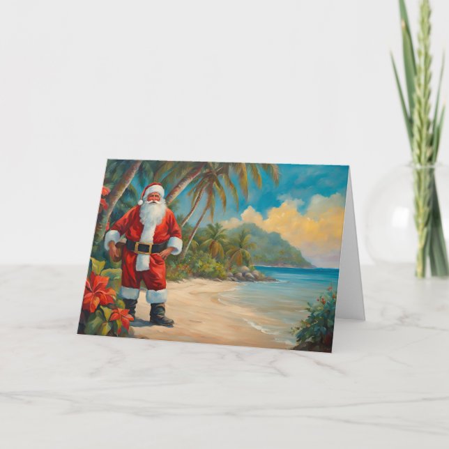 Santa Claus on Tropical Beach  Holiday Card (Front)