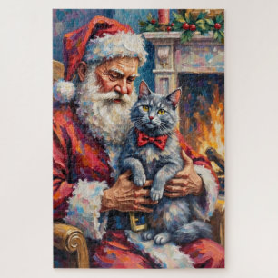 Santa Claus Oriental Blue Cat Christmas Art Jigsaw Puzzle